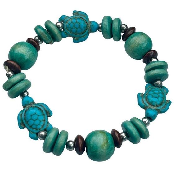 Vintage Turtle Bead Stretch Bracelet Unisex Hand Carved Howlite and Wood Bead - Picture 1 of 5